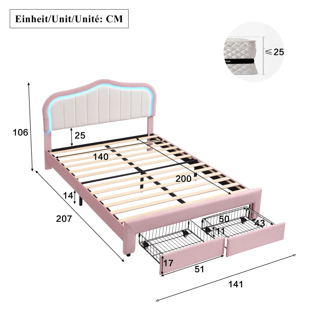 Letto imbottito per bambini 140x200 cm in velluto rosa con 2 cassetti e LED controllati via app HOMVRA