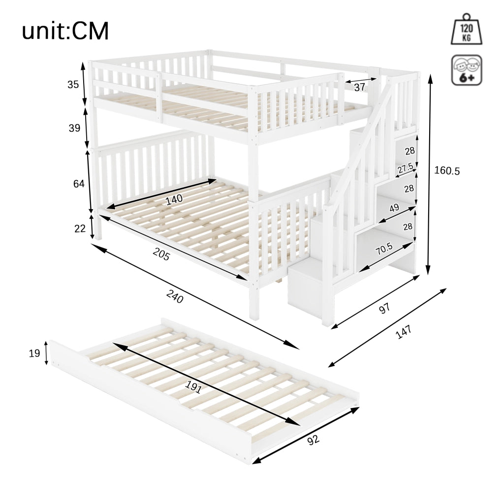 Letto a castello 140 × 200 cm con letto estraibile 92 × 191 cm; mensole sulla scala; senza materassi; bianco