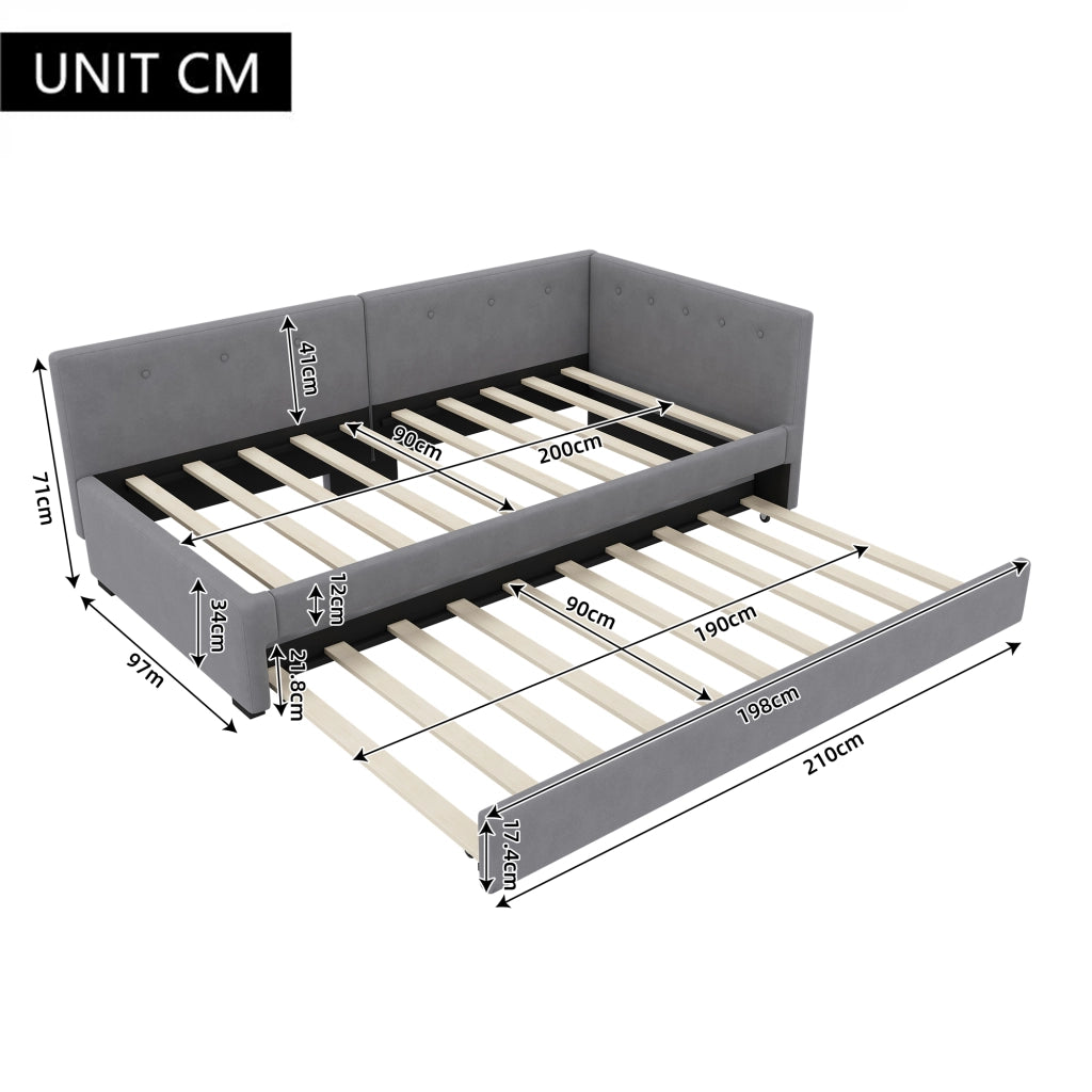 Letto estraibile singolo 90×200 cm con rete e testiera; senza materasso; velluto; grigio