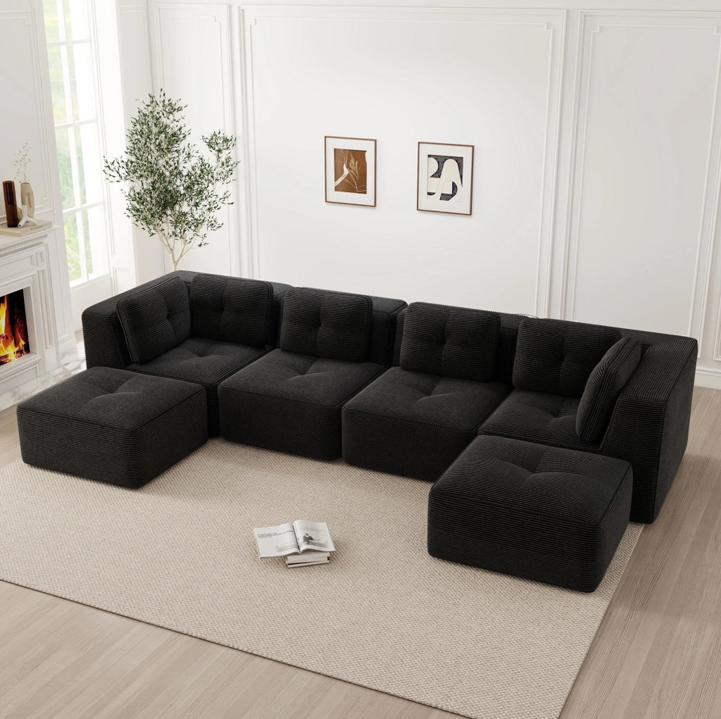 Divano modulare ad angolo morbido in tessuto di velluto a coste nero senza struttura, con chaise longue e funzione letto
