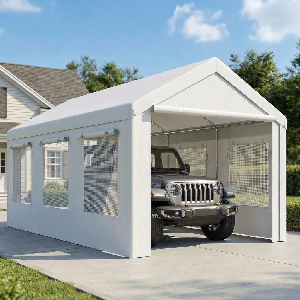 Tenda da Giardino per Auto 3x6m Protezione UV30+ ¨C zephmum ¨C Bianco 6 Finestre Rete Zanzariera