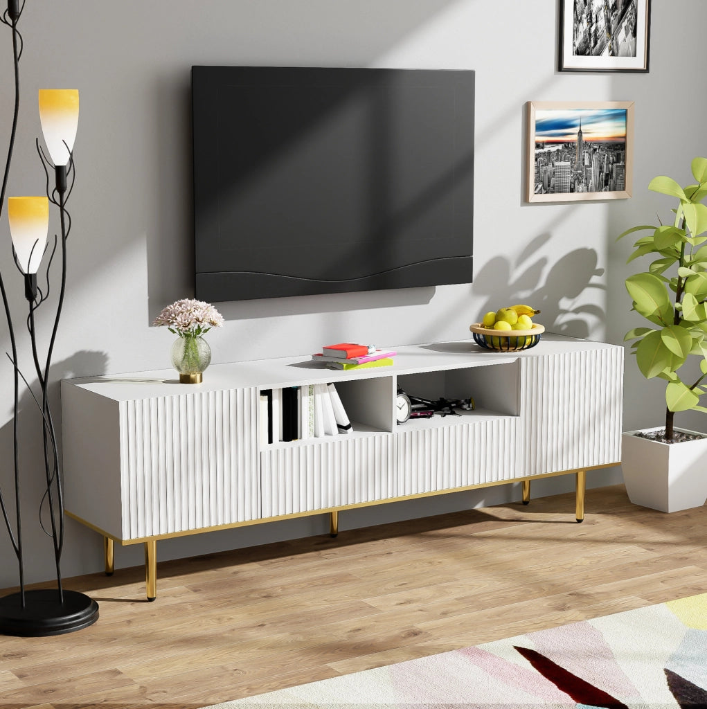 Mobile TV con 2 cassetti e 2 vani; 165 x 36 x 55 cm; pannello truciolare; bianco e oro