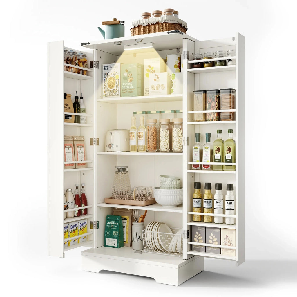 Credenza da cucina 128,5 cm stile country bianca con texture, 2 ante e ripiani regolabili, illuminazione LED, per sala da pranzo o soggiorno