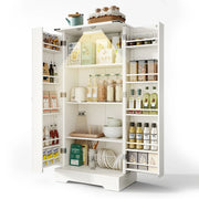 Credenza da cucina 128,5 cm stile country bianca con texture, 2 ante e ripiani regolabili, illuminazione LED, per sala da pranzo o soggiorno