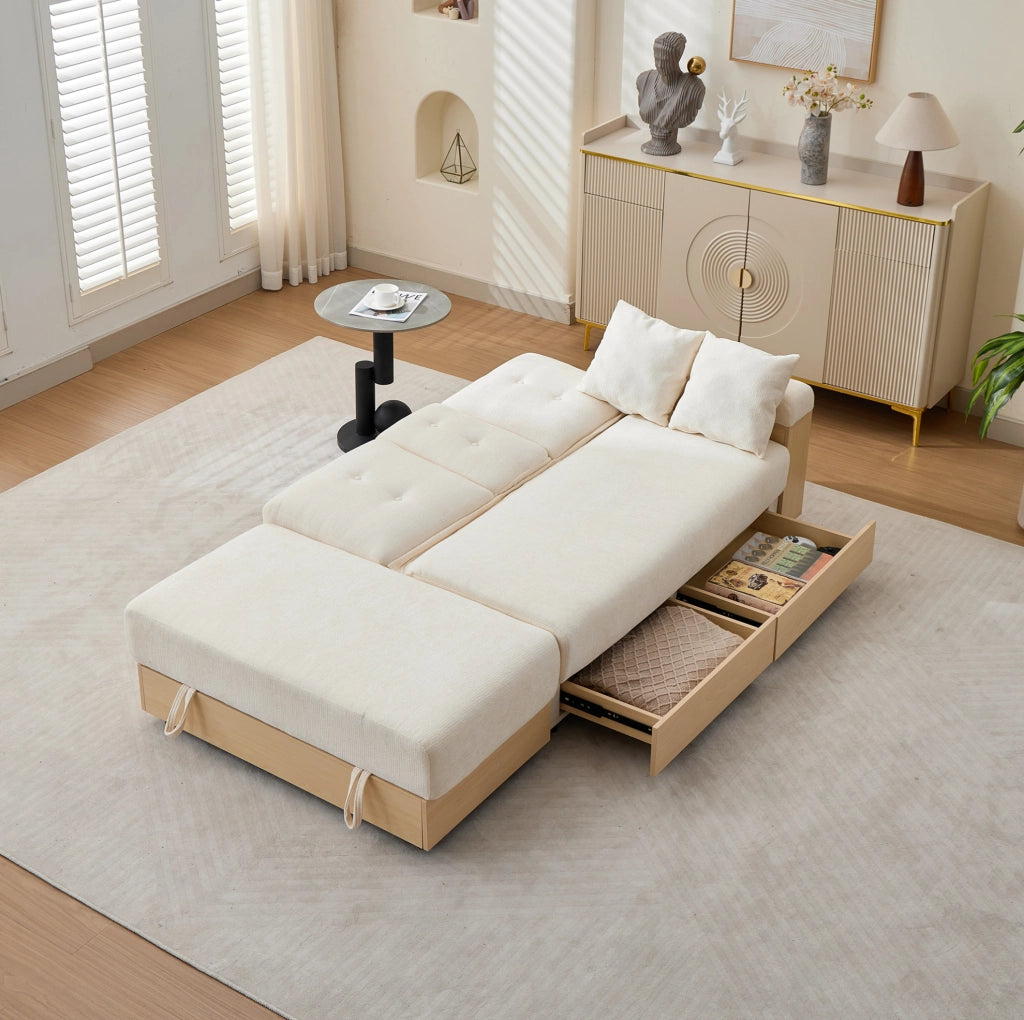 Divano letto 217x110x90 cm con contenitore e cassetti in chenille beige