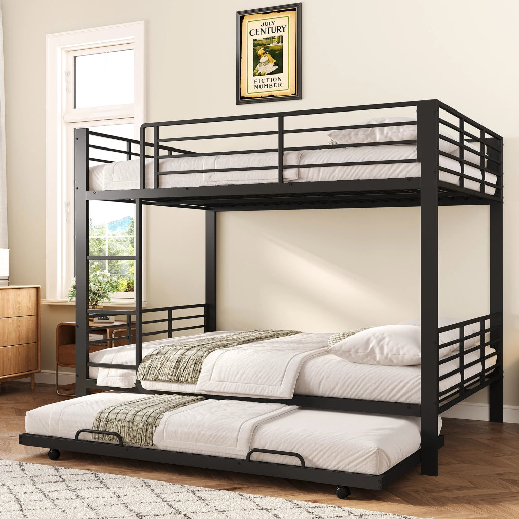 Letto a castello 140×200 cm 3 posti con letto estraibile e barriere di sicurezza, senza materasso, in metallo, nero