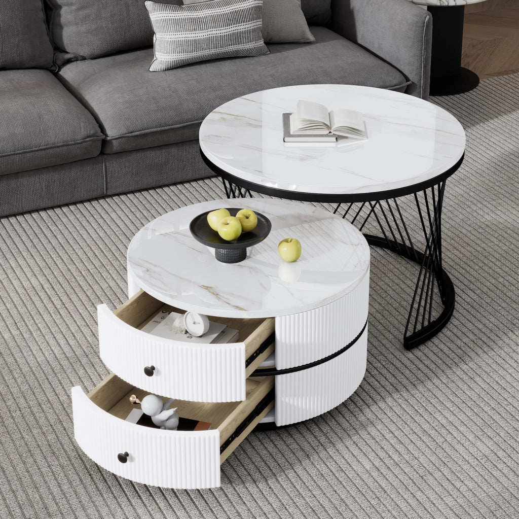 Set di 2 tavolini da caffè rotondi a incastro in MDF; bianco; 2 cassetti; 60×60×46 e 50×50×31 cm