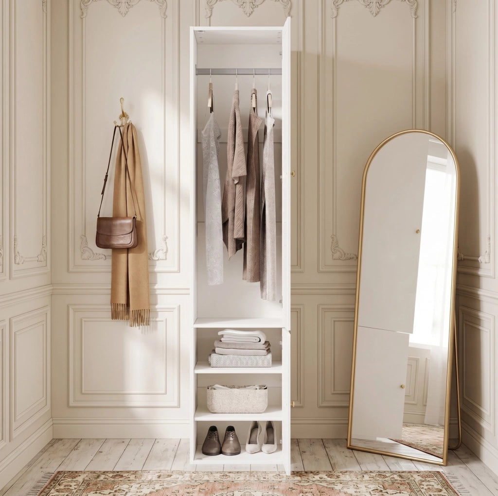 Guardaroba singolo con anta a lamelle, 45x50x200 cm, bianco, con 1 asta appendiabiti e 3 ripiani, design a battente