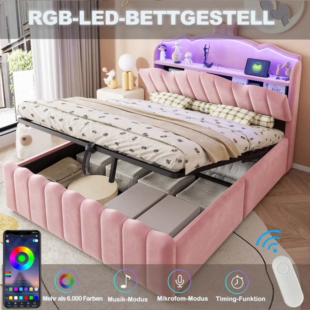 LETTO imbottito 140x200 cm in velluto rosa con contenitore