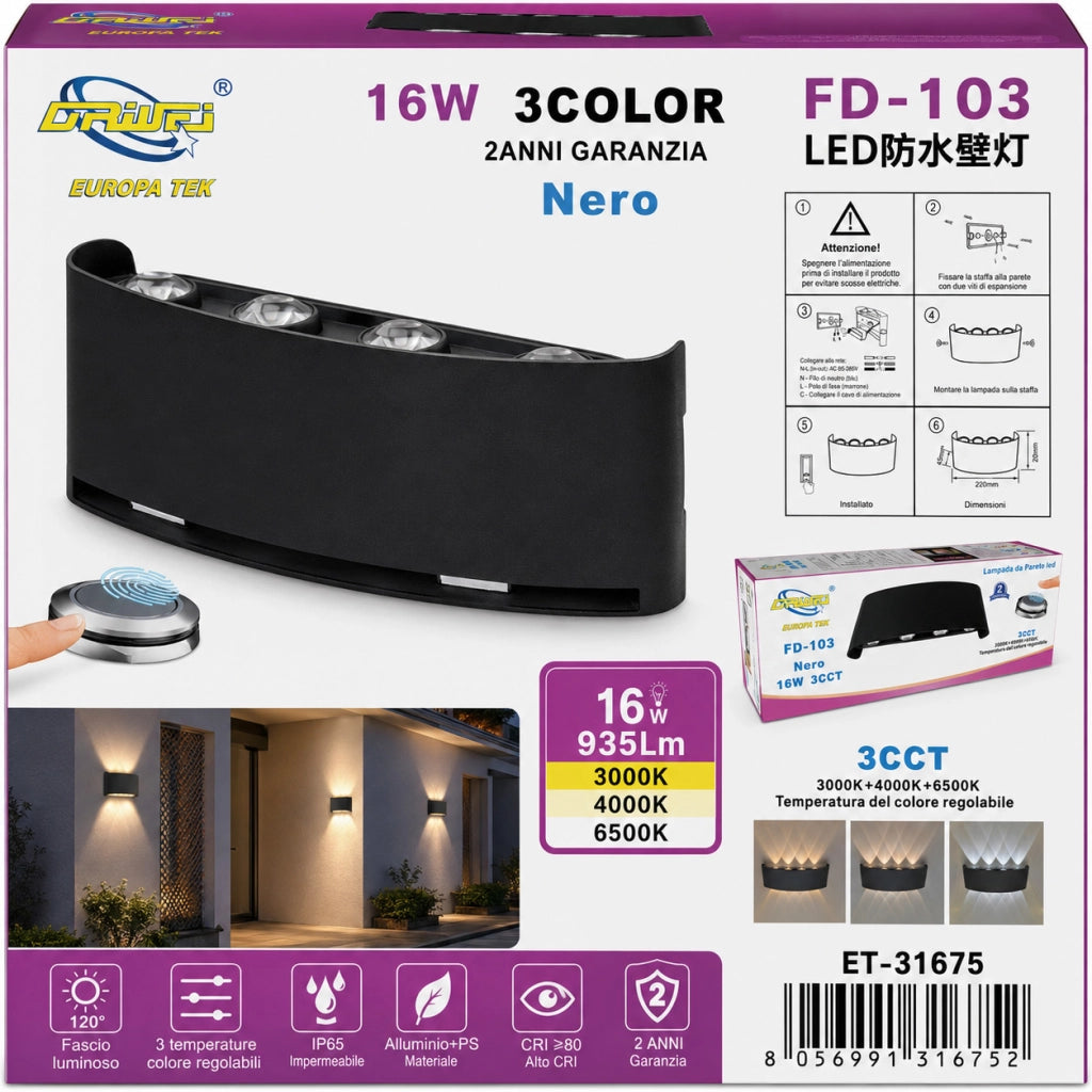 APPLIQUE LED 16W LAMPADA PARETE IP65 ESTERNO 3000K 4000K 6000K NERO ET-31675
