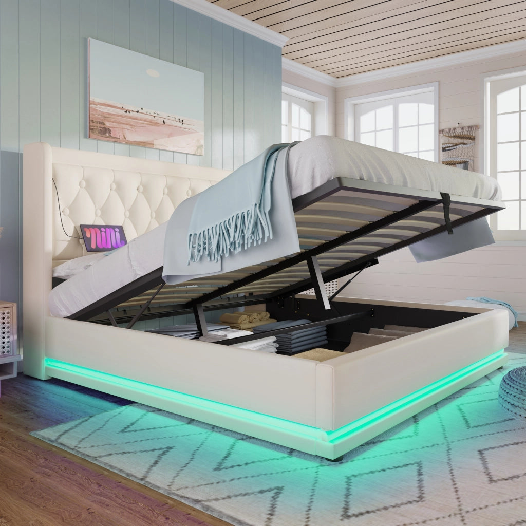 Letto imbottito bianco in similpelle 140x200 cm con contenitore e LED