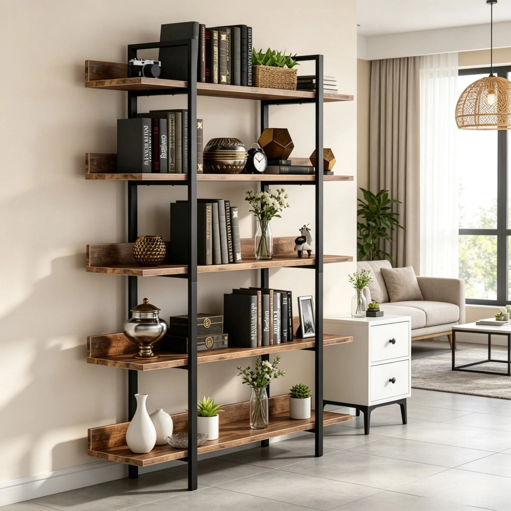 Libreria a 5 ripiani con struttura in metallo e pannelli in legno nero e marrone rustico 105 × 33 × 180 cm