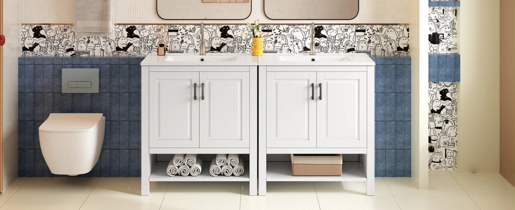 Mobile da bagno indipendente 76,5x47x83 cm con lavabo in ceramica integrato e doppia anta, finitura bianca completa