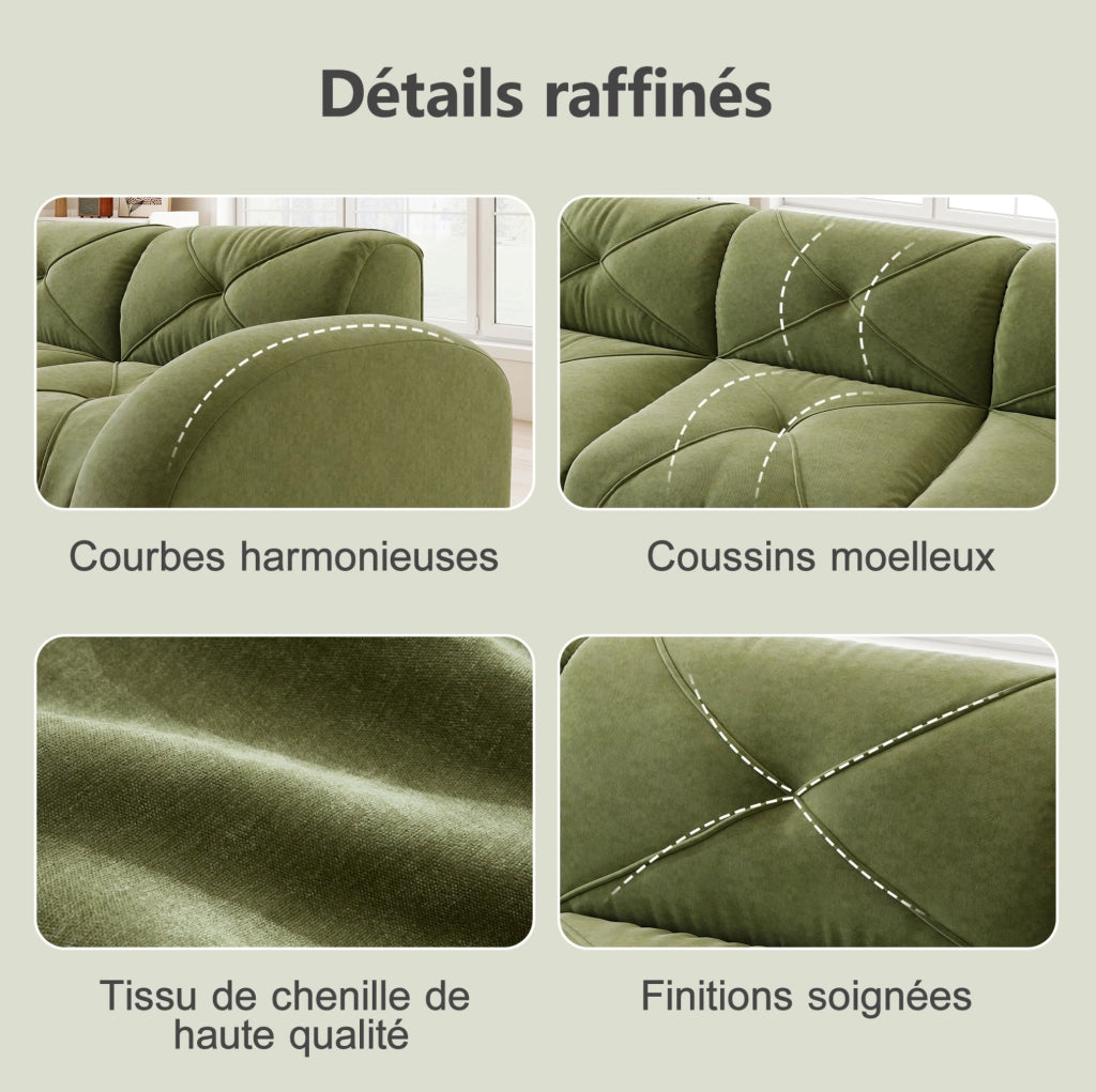 Sofa modulare a 2 posti senza telaio con schiuma ad alta densità 32D e rivestimento in tessuto chenille verde