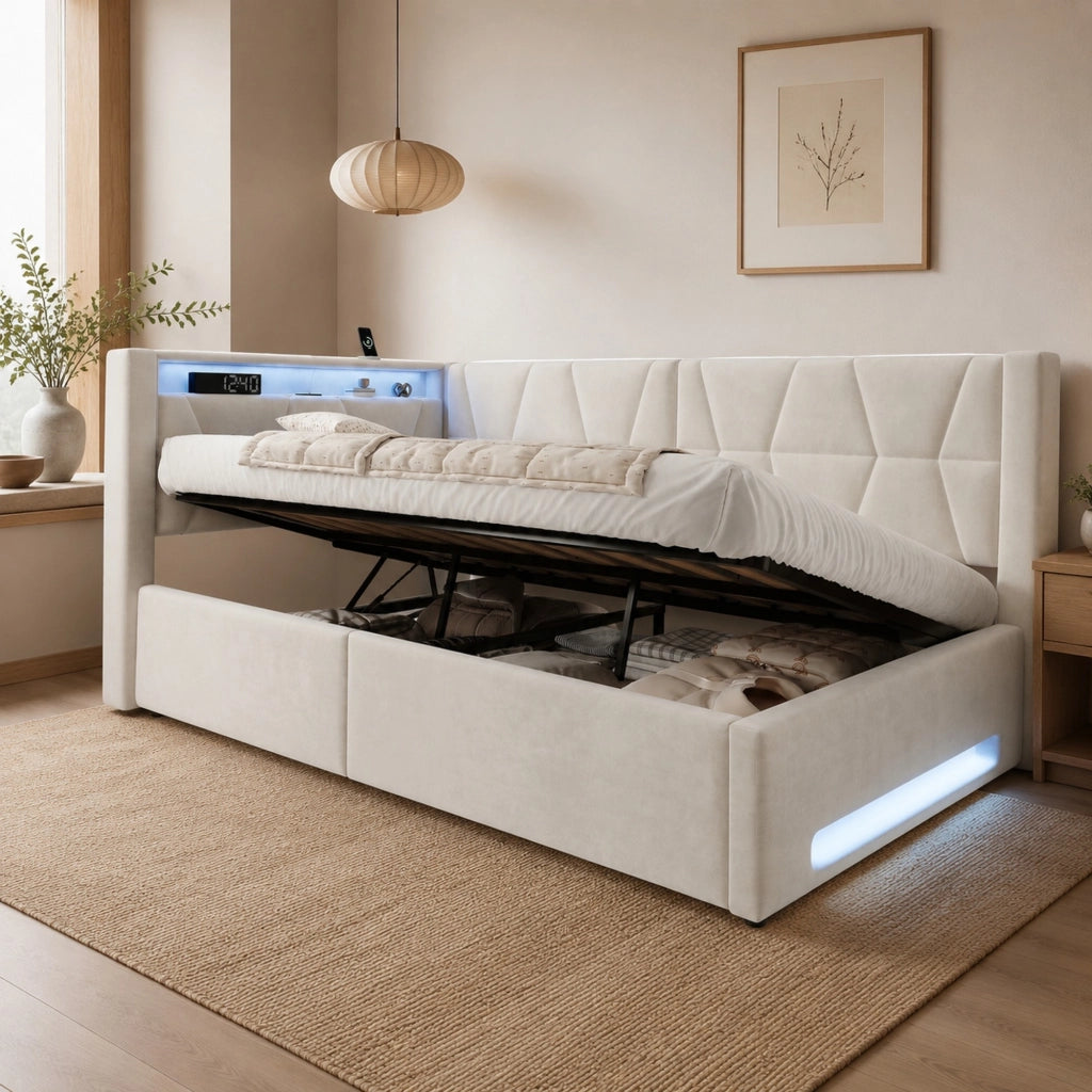 Letto imbottito beige 90 x 200 cm con contenitore, LED, USB e Type-C