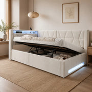 Letto imbottito beige 90 x 200 cm con contenitore, LED, USB e Type-C