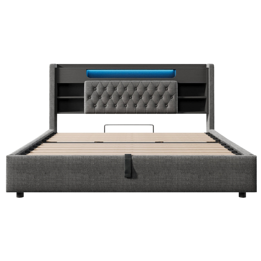 Letto 180x200 cm con contenitore idraulico, LED e USB-C in lino grigio