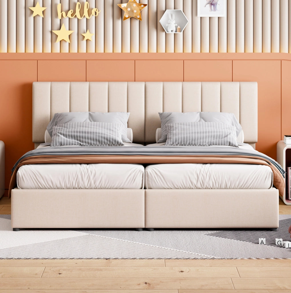 Letto imbottito 180x200 cm beige con contenitore idraulico - testiera regolabile