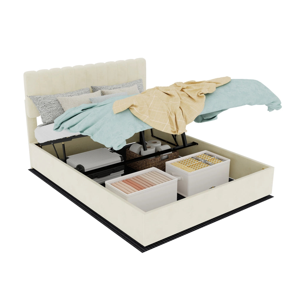 Letto imbottito minimalista beige 140x200 cm con testata morbida e contenitore