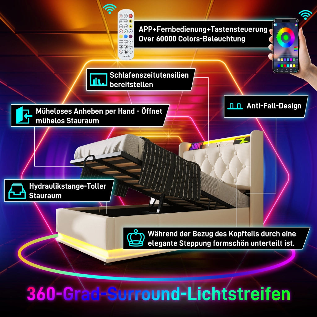 Letto singolo contenitore 90 × 200 cm con materasso LED a 360 gradi PU bianco USB e Type C