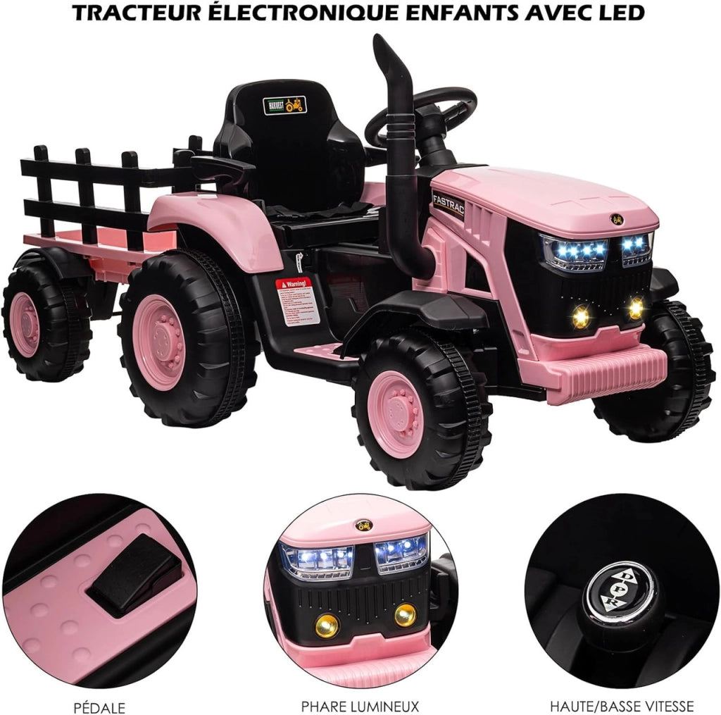 Trattore Elettrico per Bambini 12V con Rimorchio Rimovibile; 2 Motori 35W; Telecomando e LED; da 3 Anni