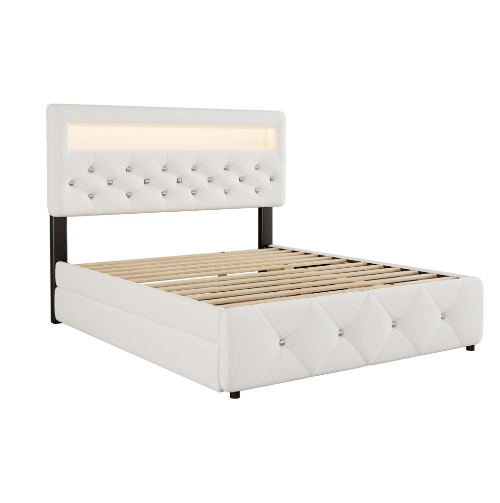 Letto matrimoniale imbottito 140x200 cm con letto estraibile, 2 cassetti e comodino con striscia luminosa, bianco