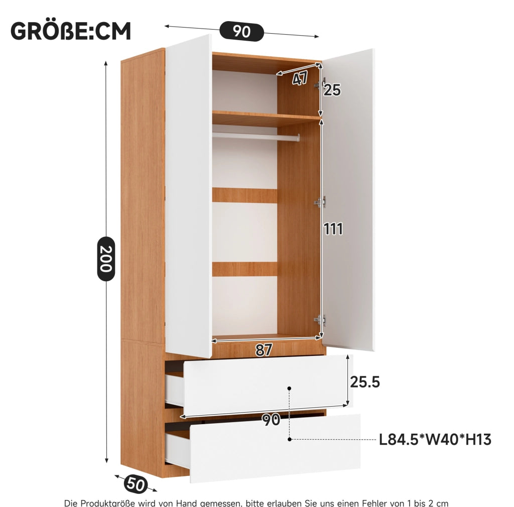 Armadio guardaroba con 2 ante, 2 cassetti, 1 barra appendiabiti, 90x50x200 cm, bianco con finiture rovere