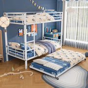 Letto a castello 90×200 cm con letto estraibile 90×190 cm, 3 posti, scala e barriere, senza materasso, in metallo bianco