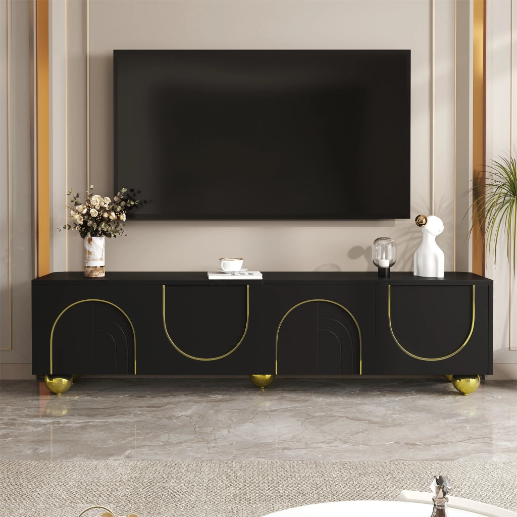 Mobile TV nero e oro con 4 ante; apertura a pressione e ripiani; 170x38x44 cm
