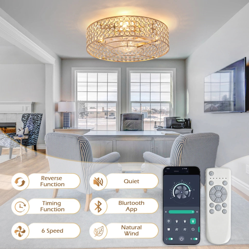 Ventilatore da incasso da 19 pollici con luce e cristalli dorati, pale ABS, controllo doppio tramite app e telecomando, 6 velocità, reversibile, per soffitti bassi