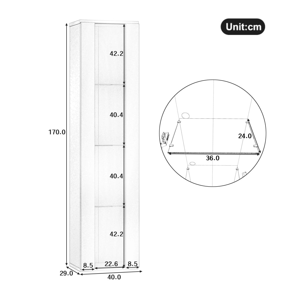 Vetrina 40x29x170 cm a 4 ripiani con LED multicolore controllato via app; bianca