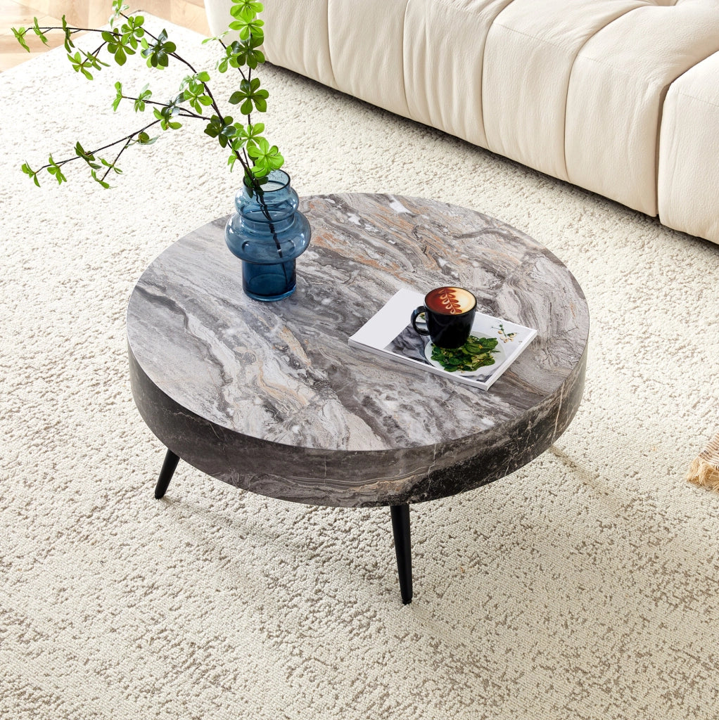 Tavolino da salotto rotondo Ø 70 cm effetto marmo grigio con gambe in metallo nere HOMVRA