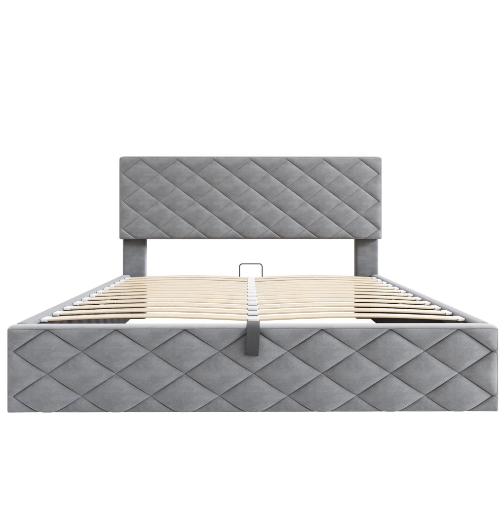Letto contenitore idraulico 140 × 200 cm con rete a doghe; velluto grigio