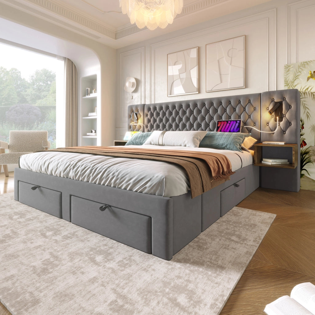 Letto con cassetti 180 × 200 cm con 2 comodini lampade da lettura USB e Type C rivestito in velluto grigio