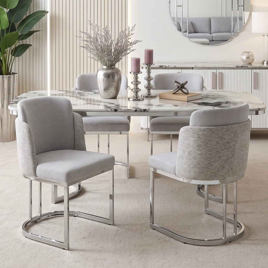 Set di 4 sedie da pranzo in chenille grigio chiaro con gambe in metallo argento