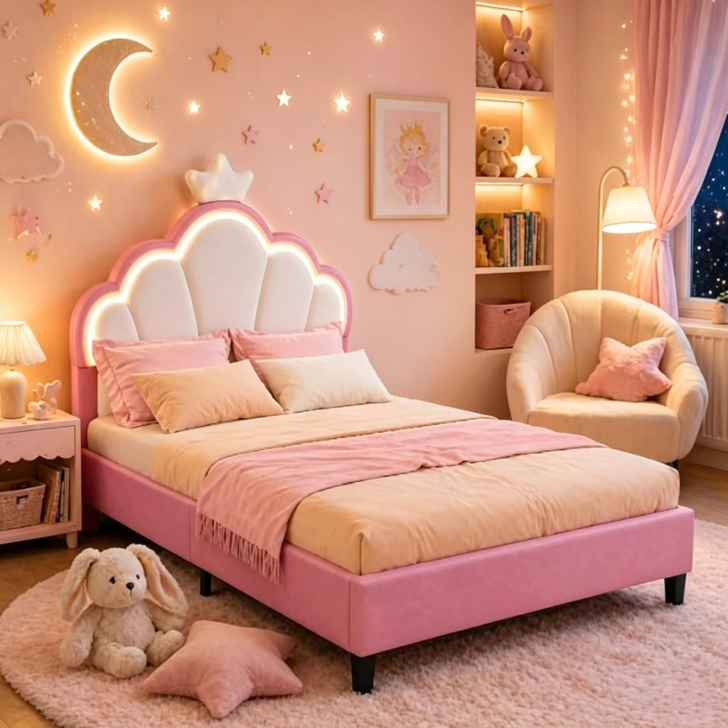 Letto imbottito per bambini 90x200cm;letto singolo Bambina a LED per bambine con design a corona e testiera regolabile;velluto;Rosa; senza materasso