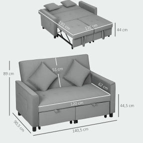 Divano Letto 2 Posti con Funzione Relax, Rivestimento in Velluto Grigio, Schienale Regolabile e Contenitore, Lavorazione con Ruote per Soggiorno o Camera Ospiti