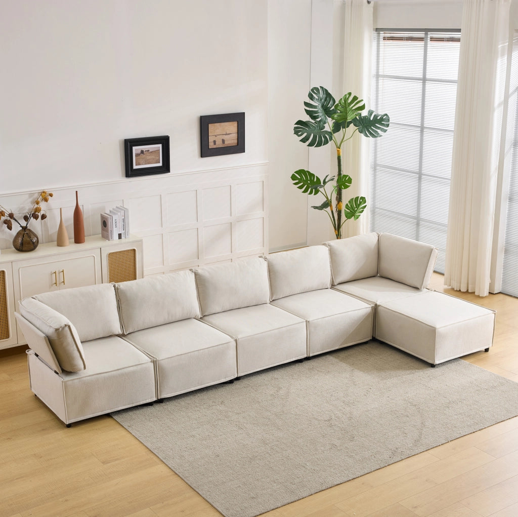 Divano angolare modulare 308x152x77 cm in legno e lino beige convertibile