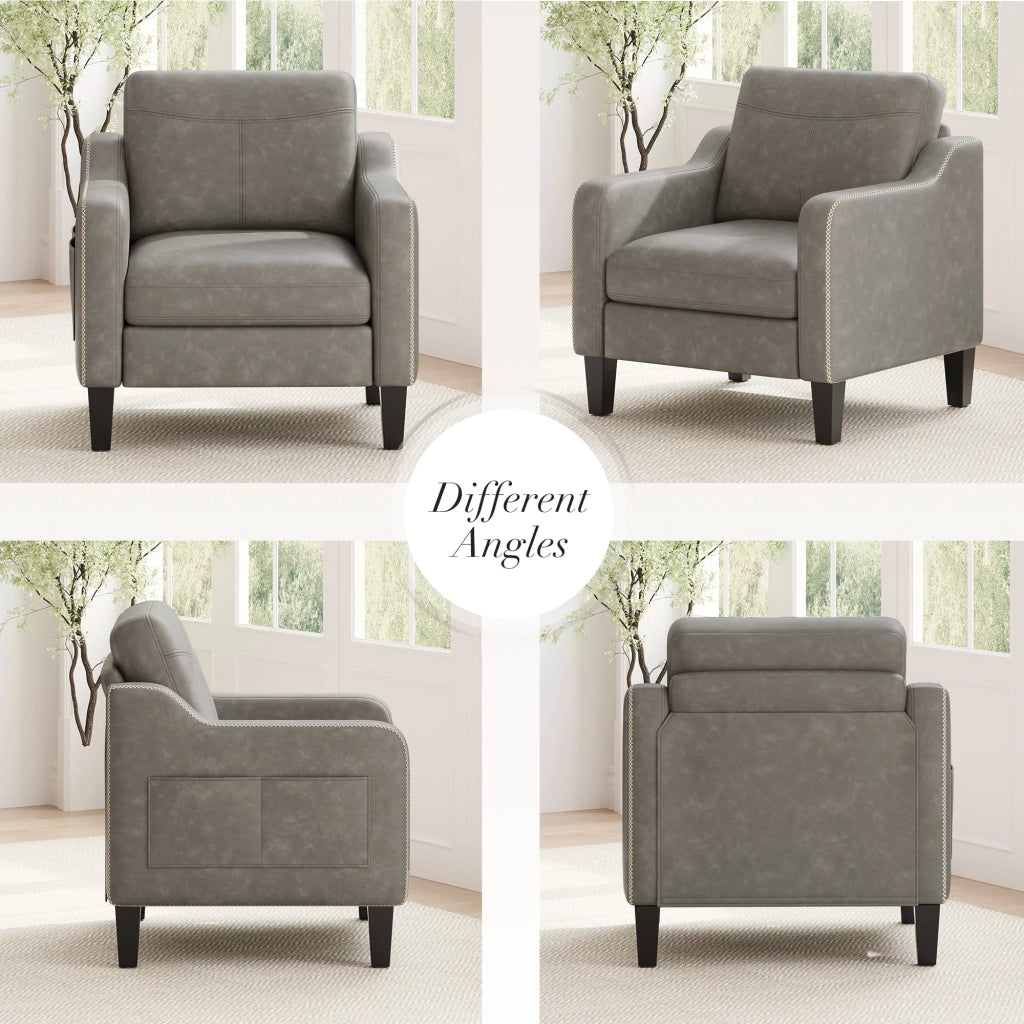 Poltrona moderna in PU in stile Mid-Century con vano portaoggetti laterale, comfort ergonomico per soggiorno e ufficio, grigio