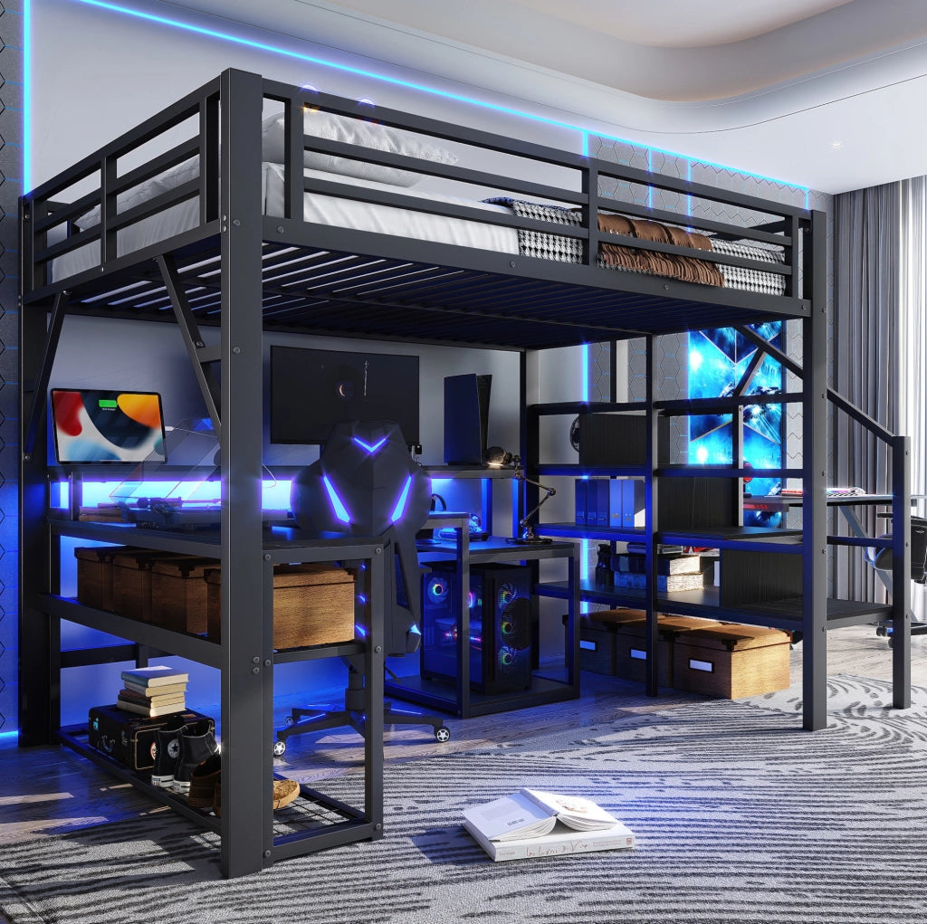 Letto a soppalco 140x200 cm con struttura in ferro, scrivania, LED integrato e prese USB, colore nero