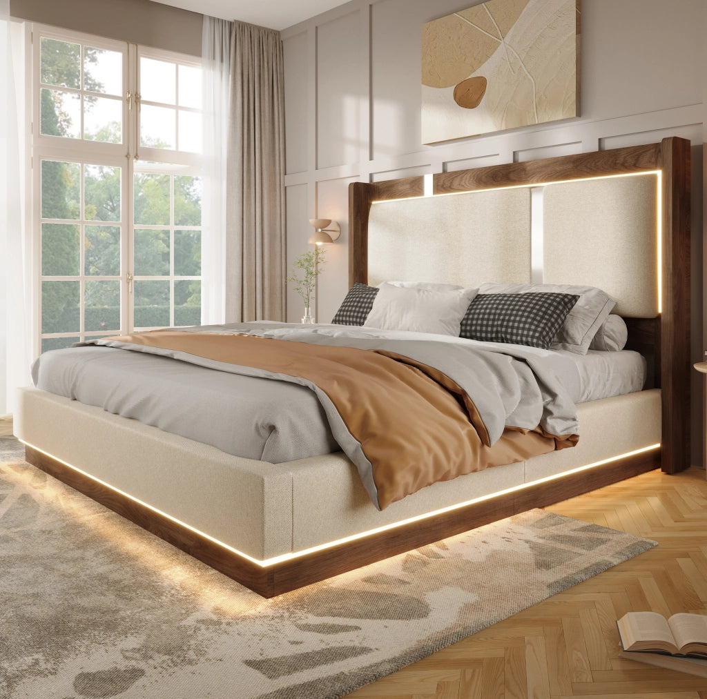 Letto imbottito 140x200 cm con LED e contenitore idraulico in lino, beige e noce