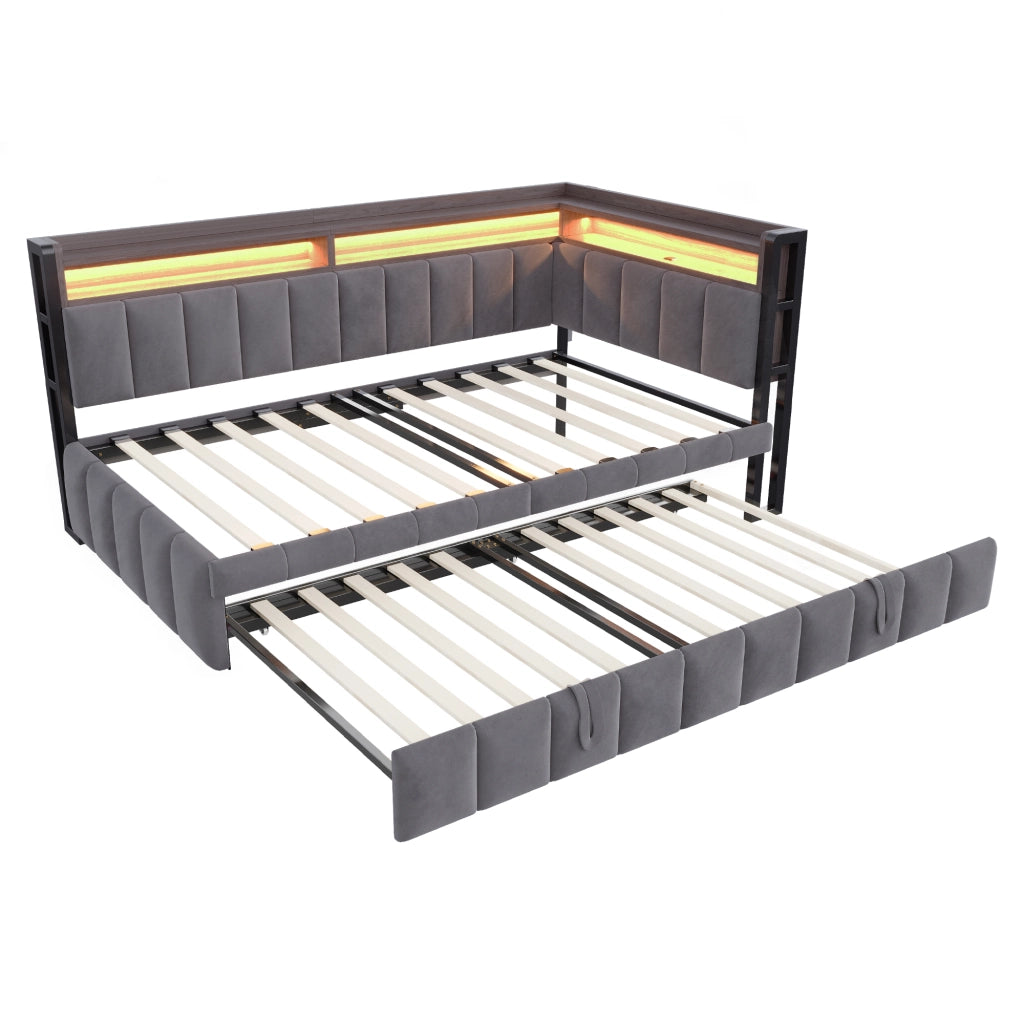 Divano letto estraibile 90x200 cm con LED; USB e Type-C; vani portaoggetti; tessuto grigio