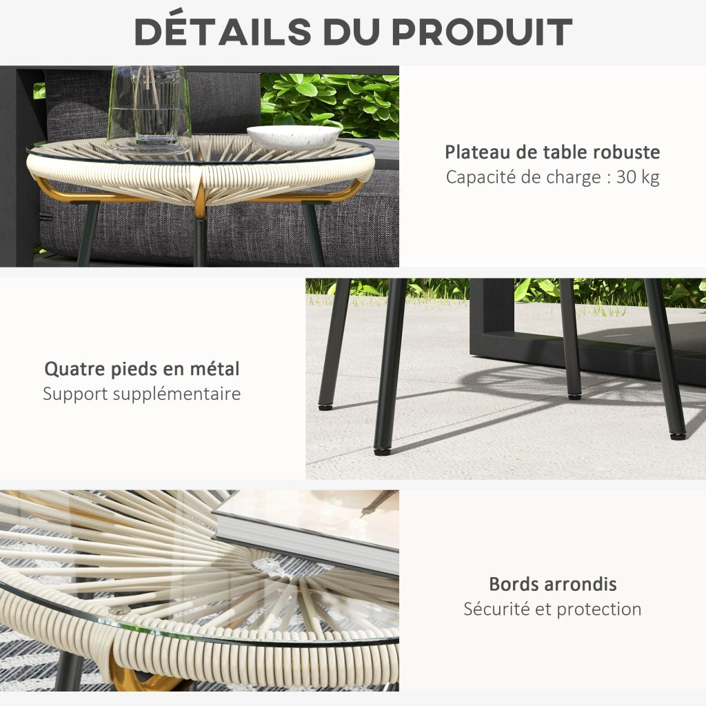 Tavolino da giardino rotondo ¨C zephmum ¨C resina effetto rattan, metallo, piano in vetro temperato, crema, ? 50 x 50 cm