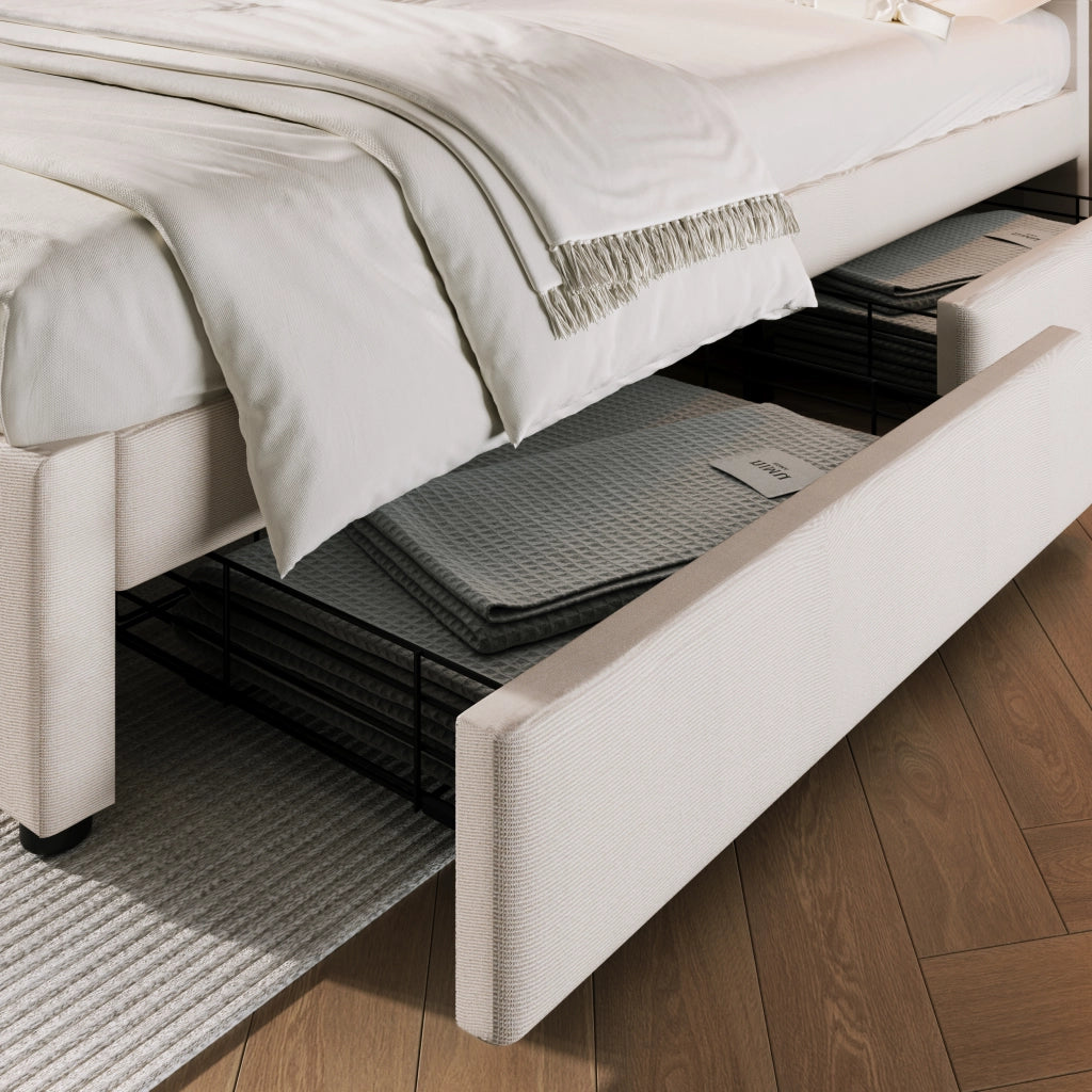 Letto Matrimoniale 140x200 cm con 4 Cassetti; USB; Type-C e Testiera Regolabile in Lino Beige