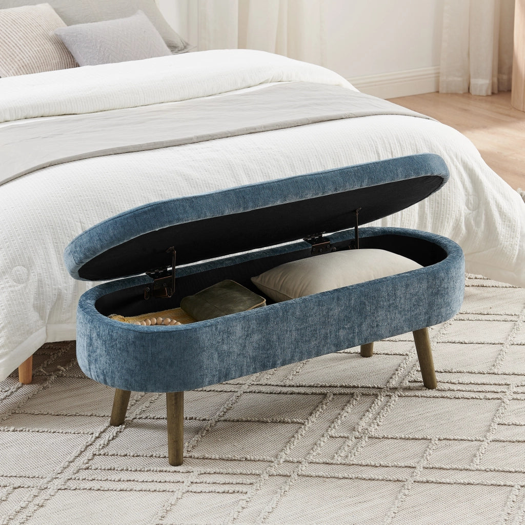 Panca contenitore in tessuto ciniglia blu con struttura in legno massello, 110x40x42 cm, 20L capacità, ideale per soggiorno e ingresso