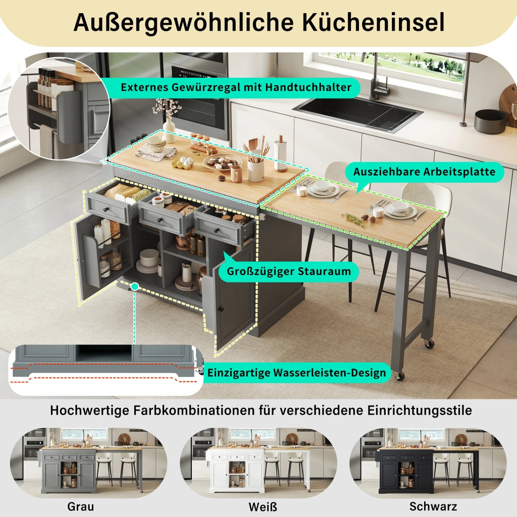 Mobile da cucina con piano estraibile laterale; 3 cassetti e ripiani regolabili grigio 112–188 × 45 × 92 cm