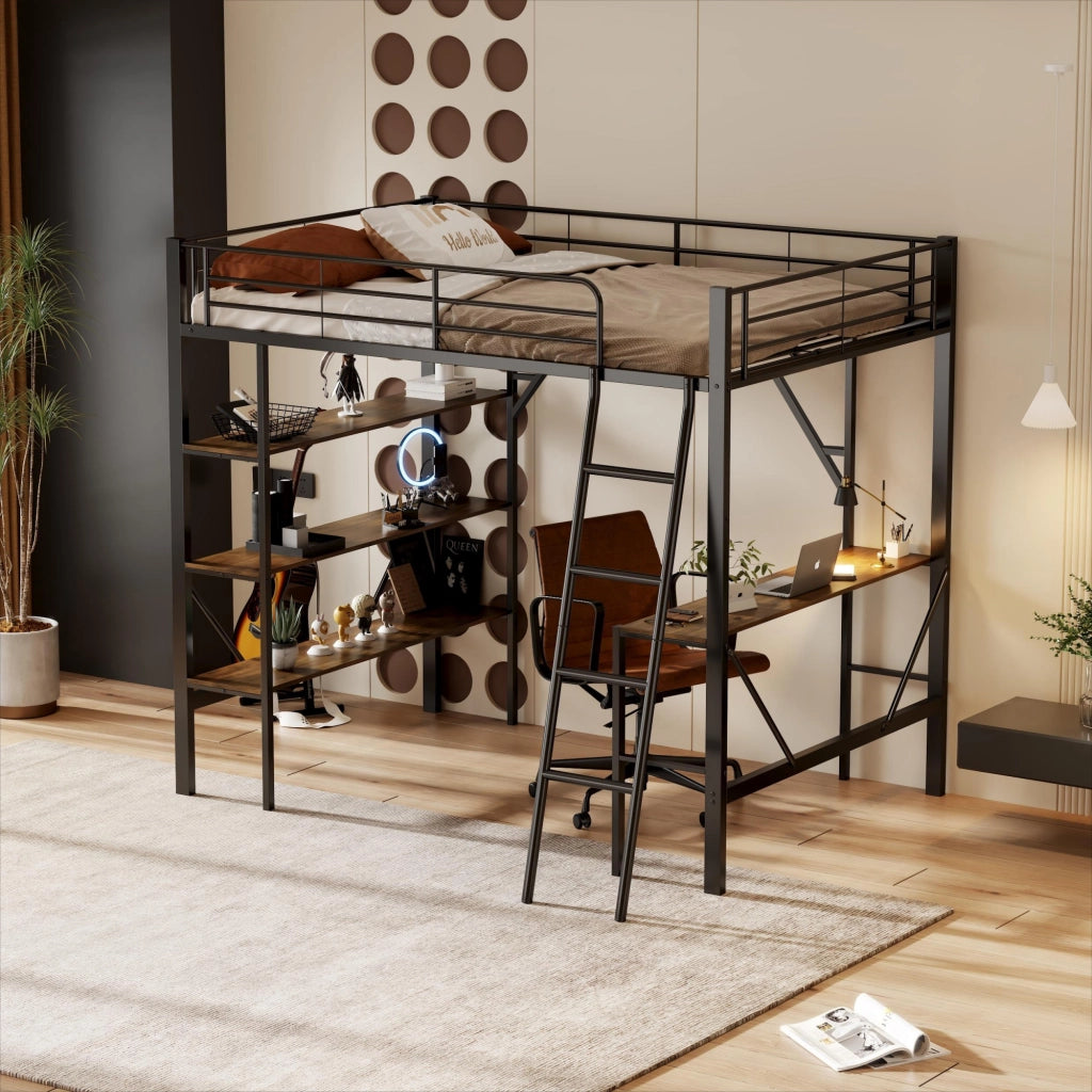 Letto a soppalco 90x200 cm con scrivania e 3 ripiani; struttura in metallo e MDF; nero