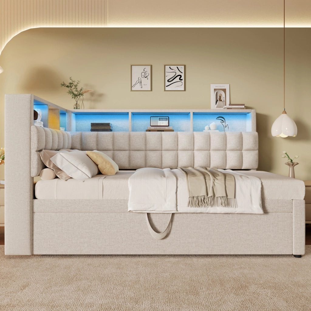 Letto singolo imbottito beige 90x200 con estraibile, LED, Bluetooth e USB-C