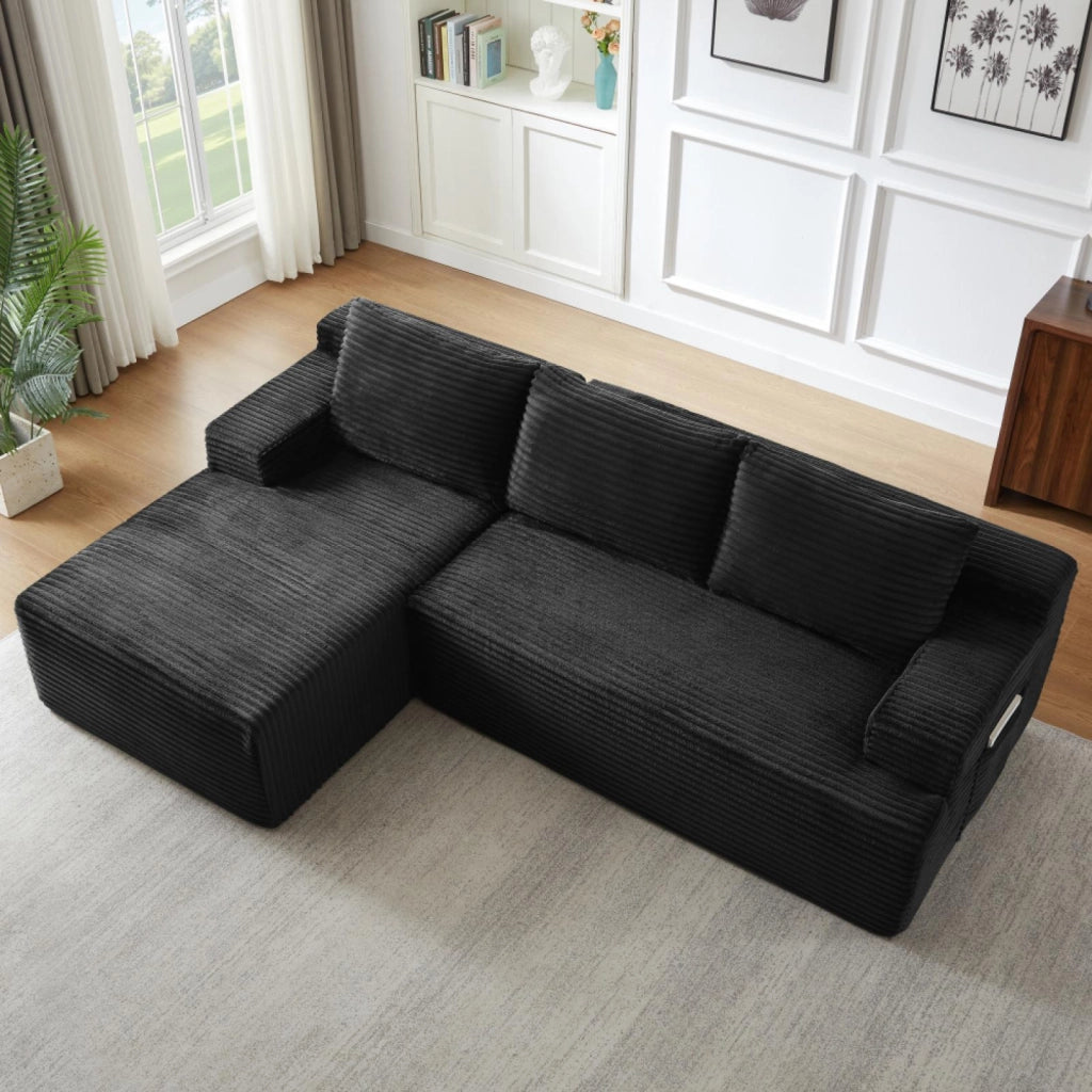 Divano a L, divano senza struttura, divano letto modulare, seduta profonda e confortevole, nero