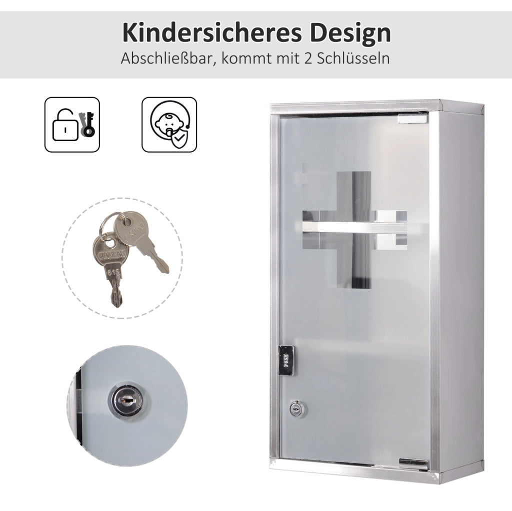 Armadio porta medicinali in acciaio inox con serratura, 3 scomparti, 25 x 12 x 48 cm, porta in vetro satinato